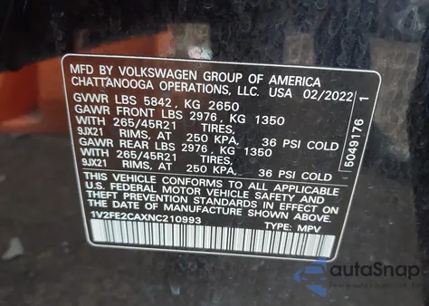 2022 Volkswagen Atlas Cross Sport 3.6L V6 Sel Premium R-Line from USA, damaged, VIN 1V2FE2CAXNC210993